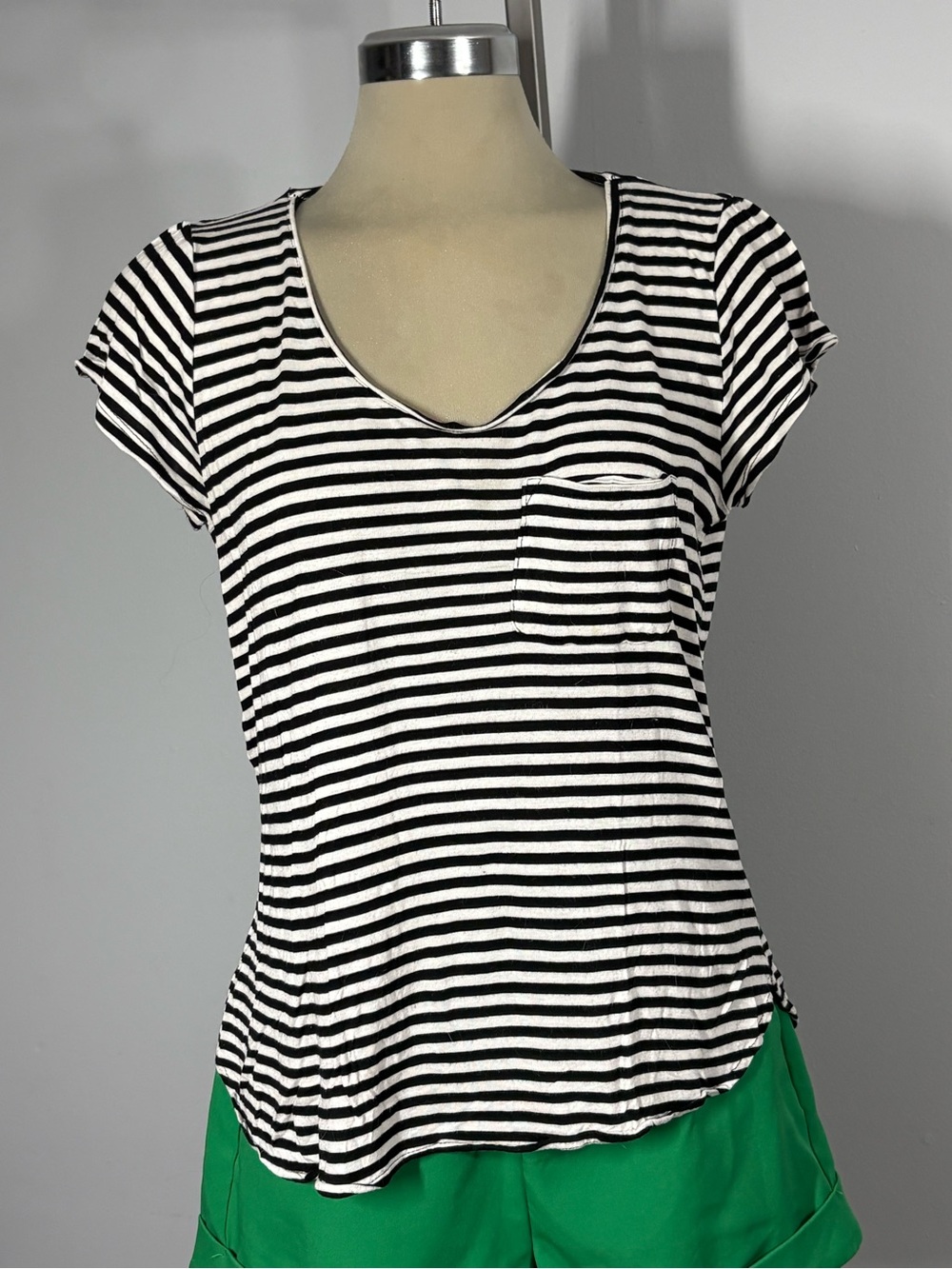 H&M Black and White Striped V-Neck Pocket Tee